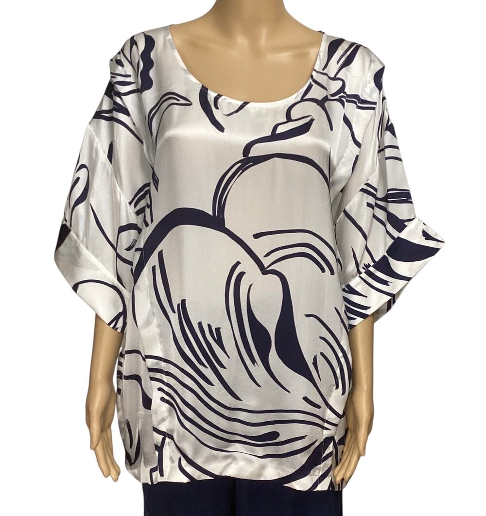 CHACOK France Silk Blouse Top Black White Abstract Wave Floral Kimono Oversized⁠